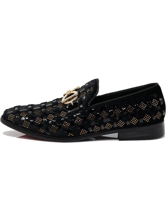 PARRAZO Men\'s Black Gold Glitter Rhinestone Loafers Metal Buckle Slip On Shoes